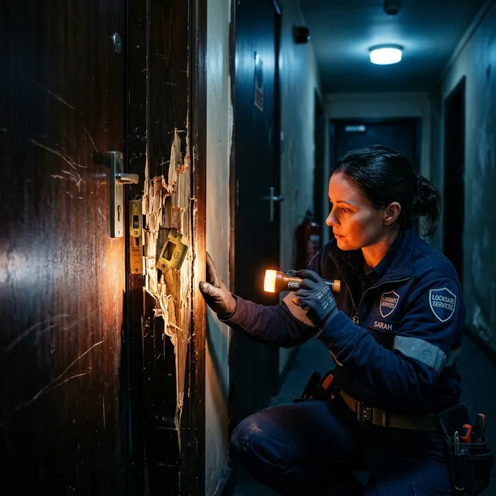Technicien inspectant une porte après une tentative d'effraction